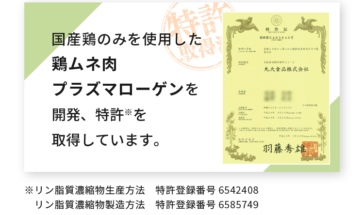 国産鶏のみを使用した鶏ムネ肉プラズマローゲンを開発、特許※を取得しています。